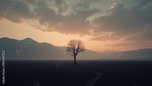 A lone tree stands tall against the backdrop of a mountain range at sunset