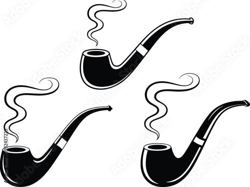 Smoking Tobacco Pipe Silhouette Vector Illustration, Vintage Classic Pipe with Smoke Icon for Retro Logo Design Barbershop Branding Collection Set