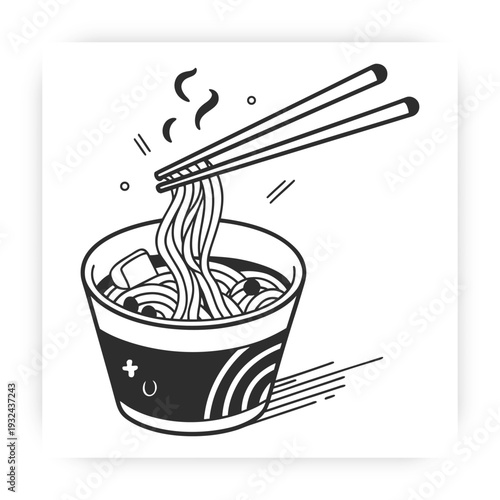 Instant Noodle Delights: An enticing line art illustration of a steaming cup of instant noodles being lifted by chopsticks, capturing the essence of a quick and comforting meal.