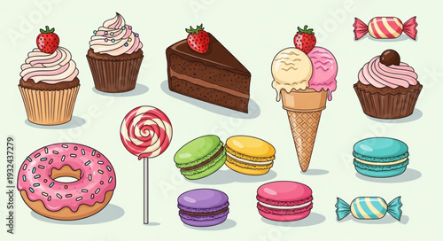 Delicious assortment of sweet treats including cupcakes, cake, ice cream, and candies.