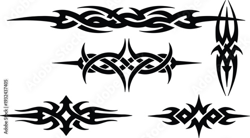 Black Tribal Tattoo Design Set with Symmetrical Abstract Flame and Spike Elements Vector Collection Isolated on White Background