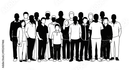A diverse group of people standing together in a line, showcasing various occupations and ages from a front viewpoint