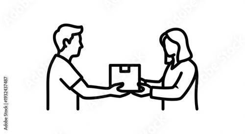 Man handing over a package to a seated woman in a simple illustration