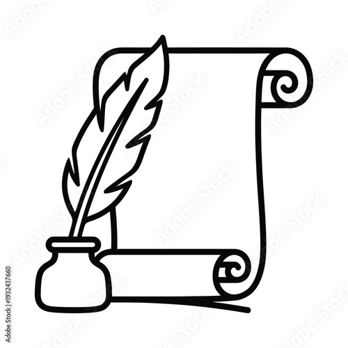 A vintage quill pen rests beside a rolled parchment scroll outlined in black