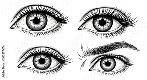 Detailed artistic illustration of four human eyes with intricate details and shading.