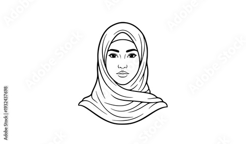 Muslim Woman Wearing Hijab Black and White Sketch Icon Islam Religion Symbol Vector Illustration Isolated on White Background