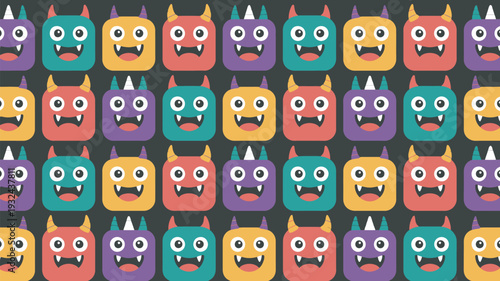 A colorful pattern of cartoon monsters with different facial expressions on a black background