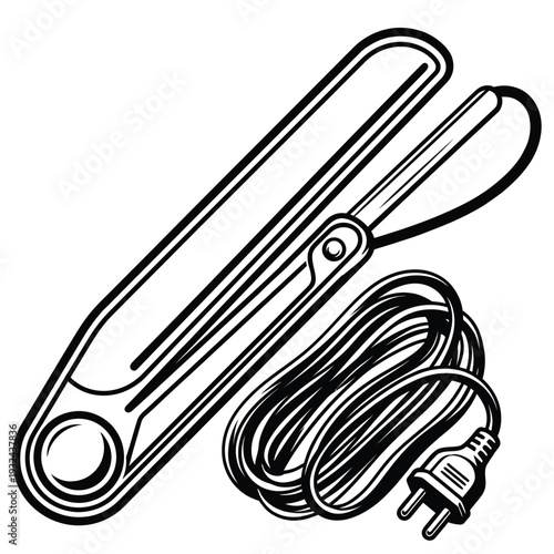 A black and white illustration of a hair straightening iron with a cord