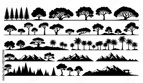 Vector Collection of Different Natural Zone Trees Black Silhouette Set Isolated on White Background