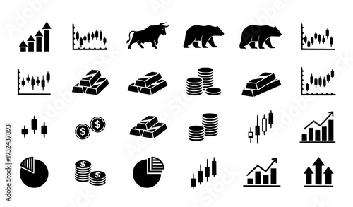 Finance and Stock Market Icons Set Bull Bear Chart and Gold Symbols Vector Illustration Isolated on White Background