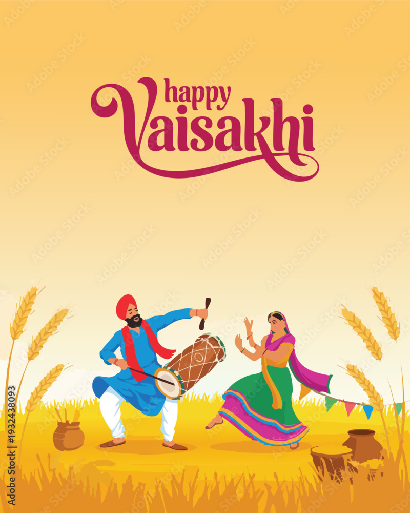 Fototapeta premium Happy Vaisakhi Typography & Punjabi Festival Illustration Design