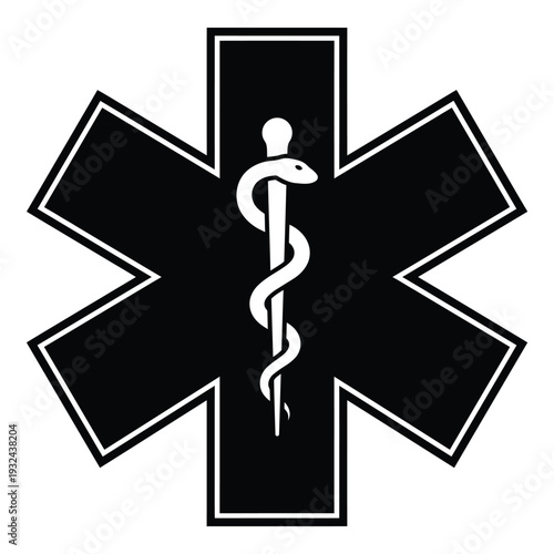 Star of life emblem featuring a caduceus symbol on a black background