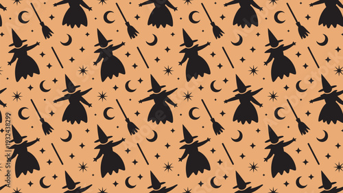 A seamless pattern of black witch silhouettes flying on broomsticks amidst crescent moons and stars on an orange background.