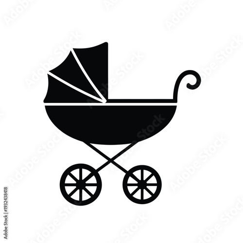Simple black and white illustration of a baby carriage or stroller