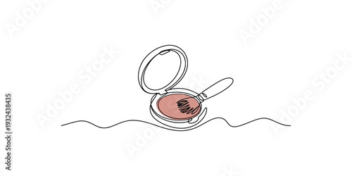 A simple continuous line art illustration of an open makeup compact with a blush product and applicator brush