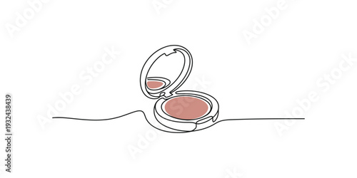 A continuous line art drawing of an open makeup compact with blush powder inside