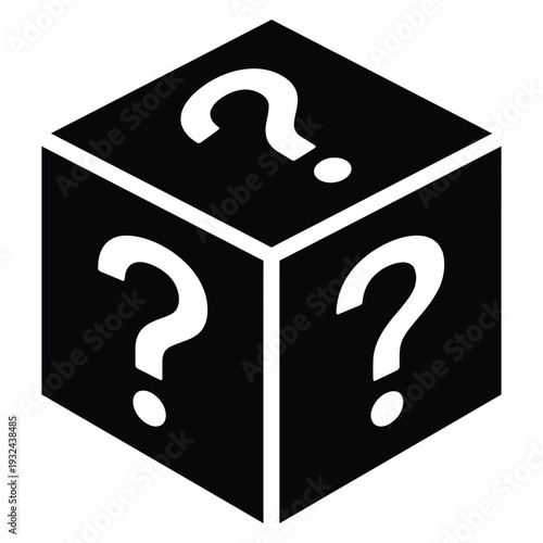 A black isometric cube displaying multiple white question marks