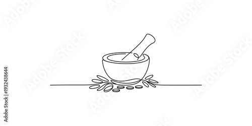 A continuous line drawing of a mortar and pestle, symbolizing herbal medicine and natural remedies
