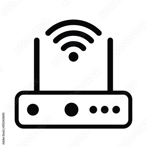 A simple black and white illustration of a wireless router icon