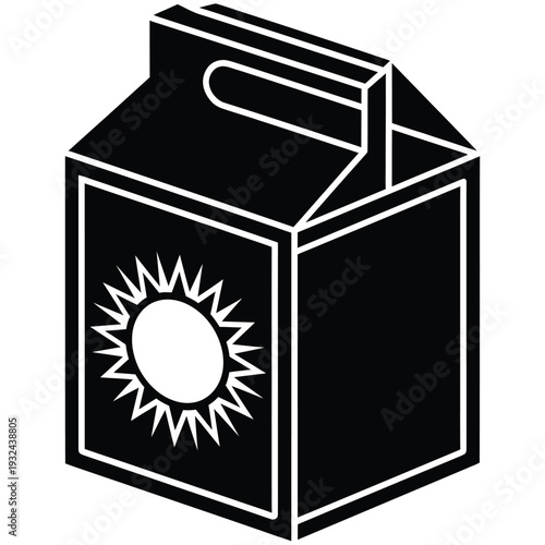 A black and white illustration of a gable top carton with a sun design
