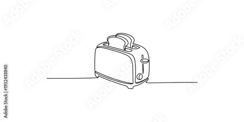 A single line drawing of a kitchen toaster with a piece of toast popping up, on a white background