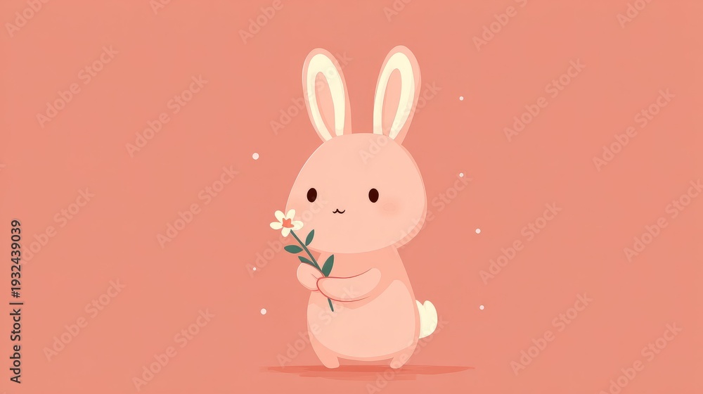 Fototapeta premium Pink bunny holding a white flower on a peachy background. Cute cartoon animal illustration for kid design. Sweet simple art.