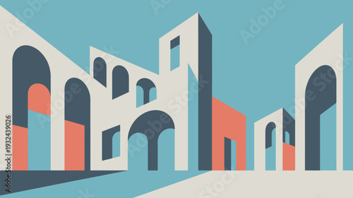 A vibrant and modern architectural illustration of a cityscape with arches and buildings in a stylized and colorful design