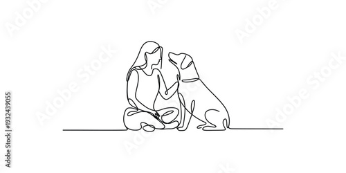 A continuous line drawing illustration of a person sitting cross-legged and looking at their dog