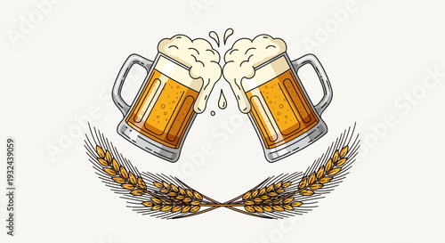Beer Mugs Cheers Illustration – Oktoberfest Celebration Vector Design