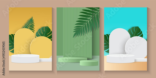 Tropical banners, poster, cards set with Creative compositions of podium palm leaves and branches nature. Abstract botanical  seamless pattern design templates with copy space for text.