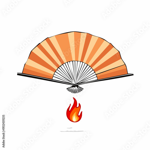 Illustration of a burning hand fan with orange and white stripes.