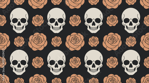 A vibrant pattern of skulls and roses on a black background with orange flowers and white skulls