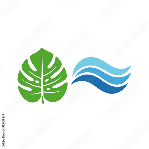 Modern logo combining a green monstera leaf and blue ocean waves