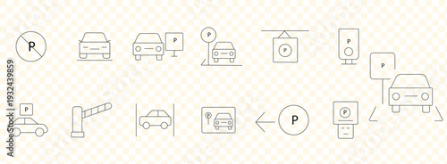 Car parking icons. Outline parking icons collection. Parking space signs. Parking area symbols.