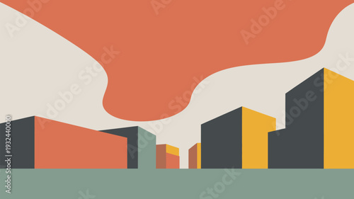 A vibrant cityscape with colorful buildings and a modern skyline under a bright orange sky