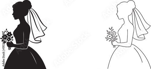 Bride silhouette in elegant wedding dress with flowing veil for invitation design.