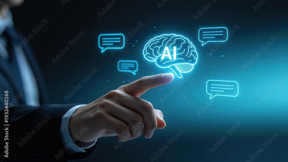 Naklejka premium Futuristic artificial intelligence brain hologram interface touched by businessman,AI chatbot and smart communication concept,advanced digital technology innovation
