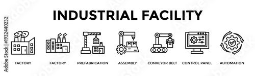 Industrial Facility Banner Web Icon Set Collection Pack Vector Illustration Concept For Factory, Factory, Prefabrication, Assembly, Conveyor Belt, Control Panel, Automation