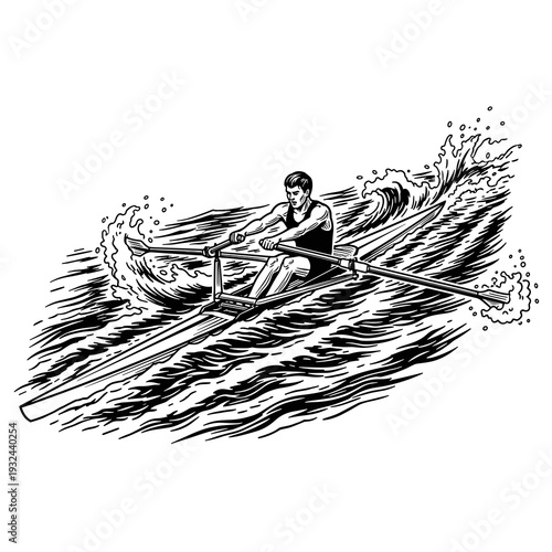 Dynamic splash art of a rower in a competitive boat