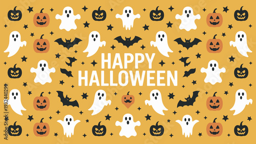 A festive Halloween background with ghosts, bats, pumpkins, and stars on an orange backdrop with Happy Halloween text