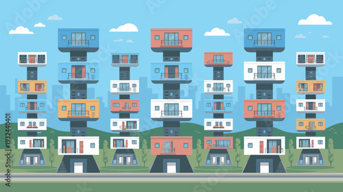 A colorful illustration of modern futuristic residential buildings in a serene natural setting with blue sky and clouds