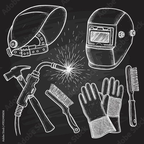 Collection of welding safety gear and fabrication tools
