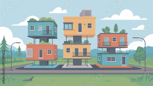 A colorful illustration of modern stacked houses in a serene natural setting with green grass and trees