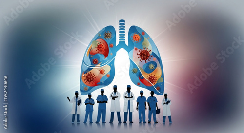 Medical professionals standing before lungs with virus infected areas symbolizing healthcare and respiratory health