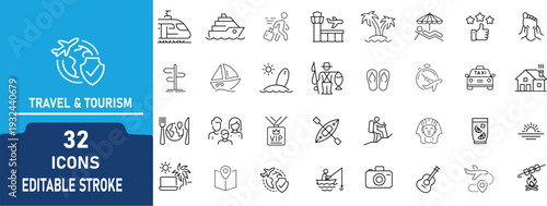 Travel and Tourism Line Icon Set. Contain to related icons Vacation, Transport, Beach and Adventure Symbols, Editable Stroke Vector
