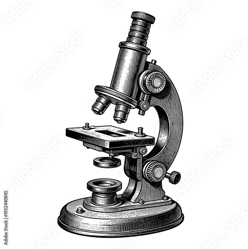 Antique microscope instrument etching illustration for vintage science laboratory concept