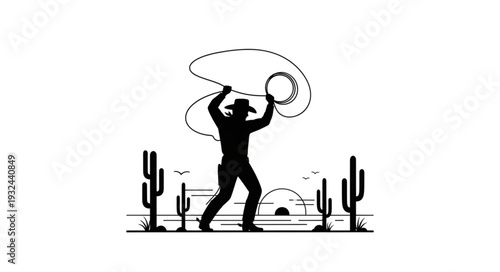 Silhouette of a cowboy with a lasso in the desert.