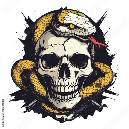 Serpentine Skull Emblem: An artistic portrayal of a human skull entwined by a detailed serpent, showcasing striking contrast and a symbolic depiction of life, death, and transformation.