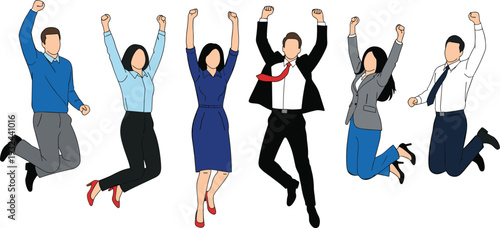 Business Team Vector Illustration Showing Happy Professionals Jumping in Celebration for Success, Motivation, Corporate Achievement, and Office Cultur