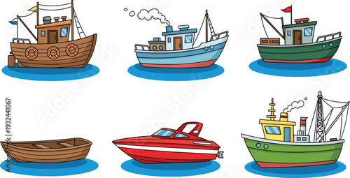 Cartoon Boat and Ship Vector Collection Featuring Fishing Vessels, Steamboat, Rowboat, Speedboat, and Industrial Cargo Designs